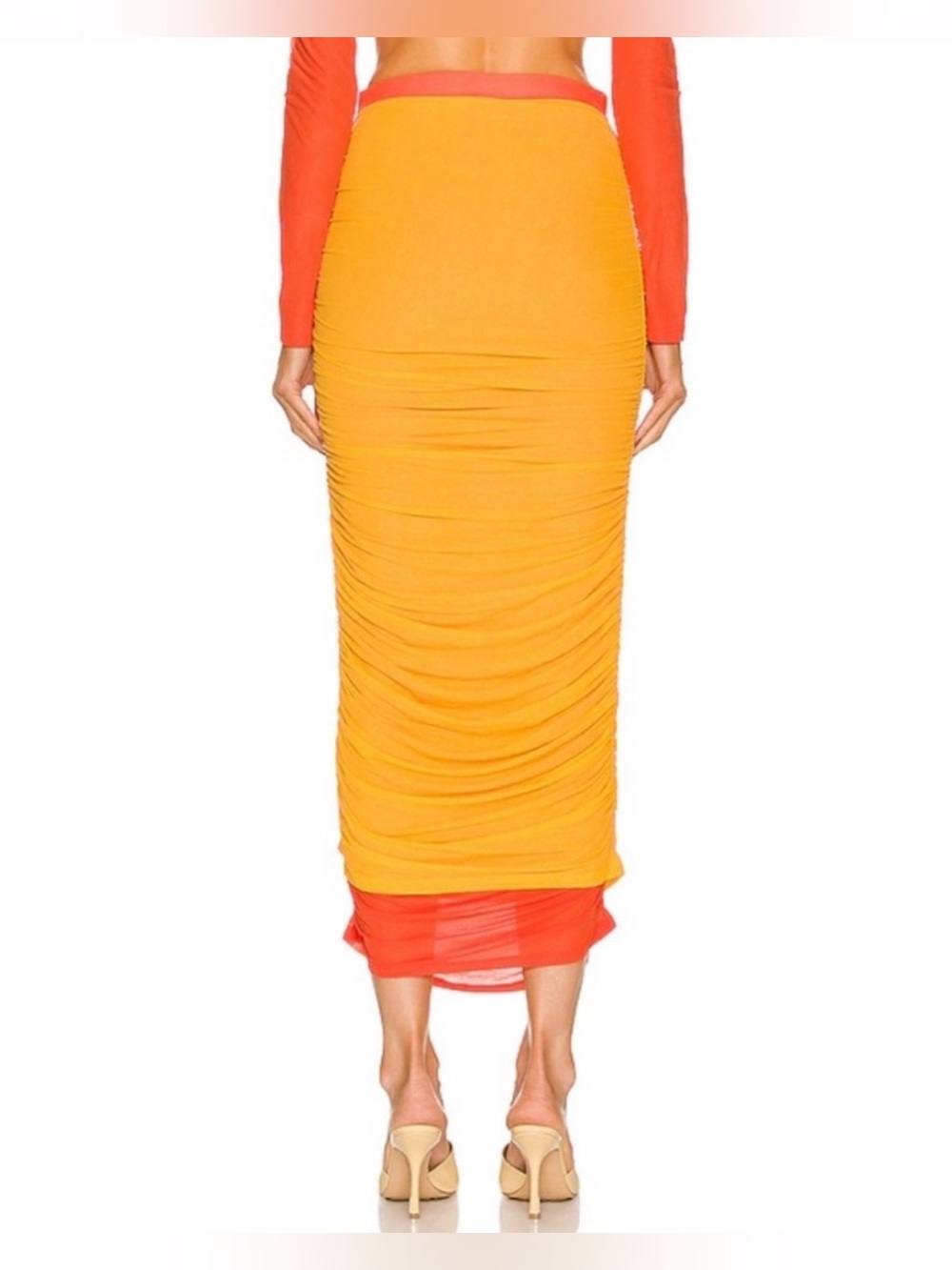 Simon Miller MESH Stretch Midi Pluto Ruched Skirt Sunset Orange Small Luxury - Picture 2 of 9
